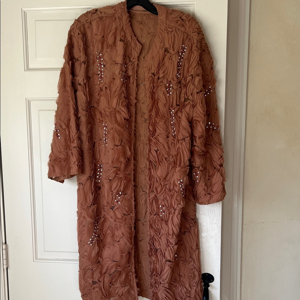 Zara Rust Textured Open-Front Coat with Bead Embellishment